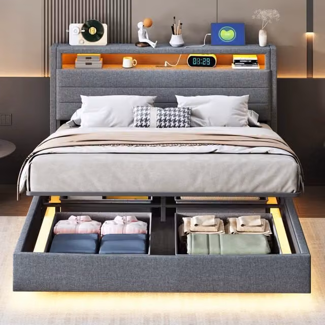 Letto contenitore Mivray con base idraulica, testiera con porta USB e illuminazione LED, colore grigio, L/P/H: 140 x 200 x 141 cm – 1