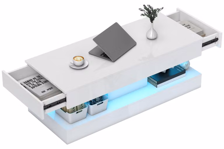 HOMCOM Tavolino da salotto lucido con illuminazione a LED e vano portaoggetti, bianco