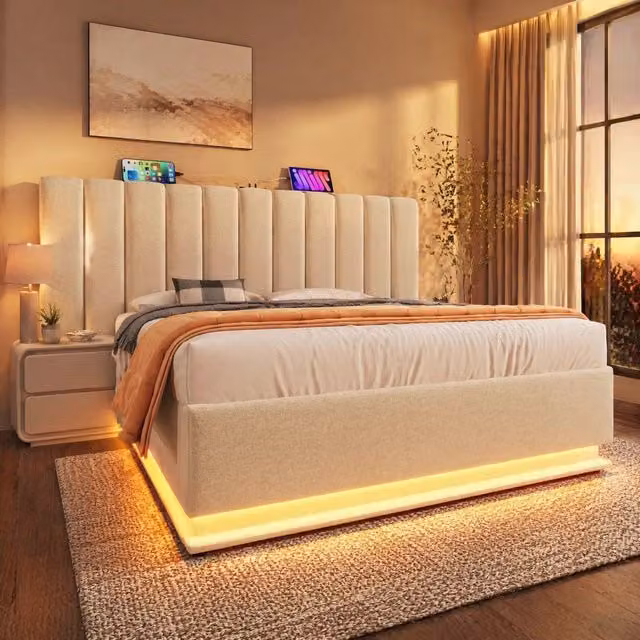 Letto contenitore idraulico 180x200 cm con LED; USB e USB-C; lino beige
