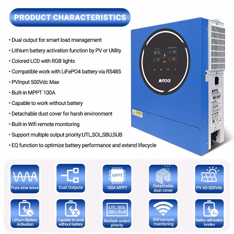 Inverter ibrido da 5 kW, 48 V - Doppia uscita 220-240 V - MPPT 100 A - Con Wi-Fi