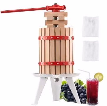 VEVOR Pressa Manuale per Vino e Frutta con Cesto in Legno Massello Marrone da 6L e 8 Blocchi per Sidro, Uva, Miele e Olio d'Oliva