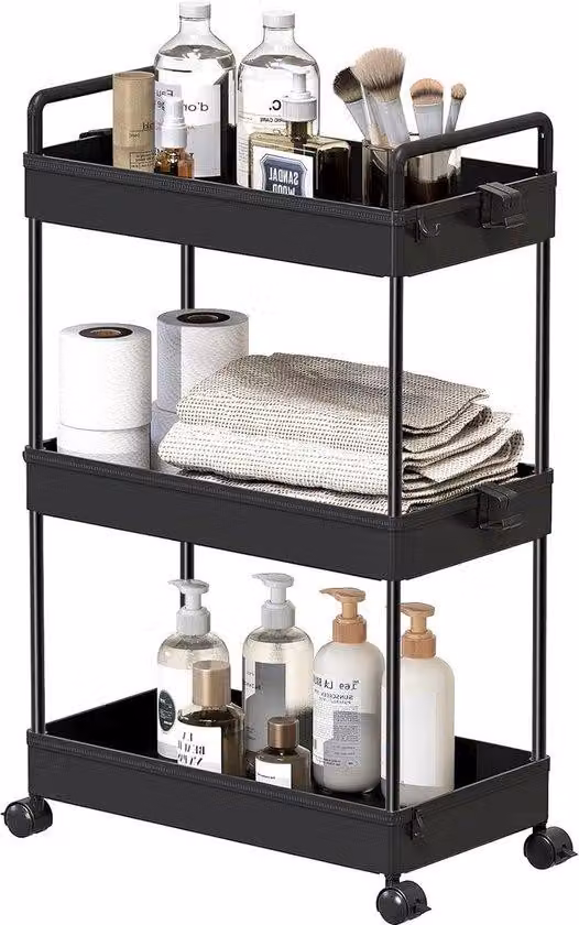 Carrello a rotelle ribaltabile a tre ripiani per cucina e bagno
