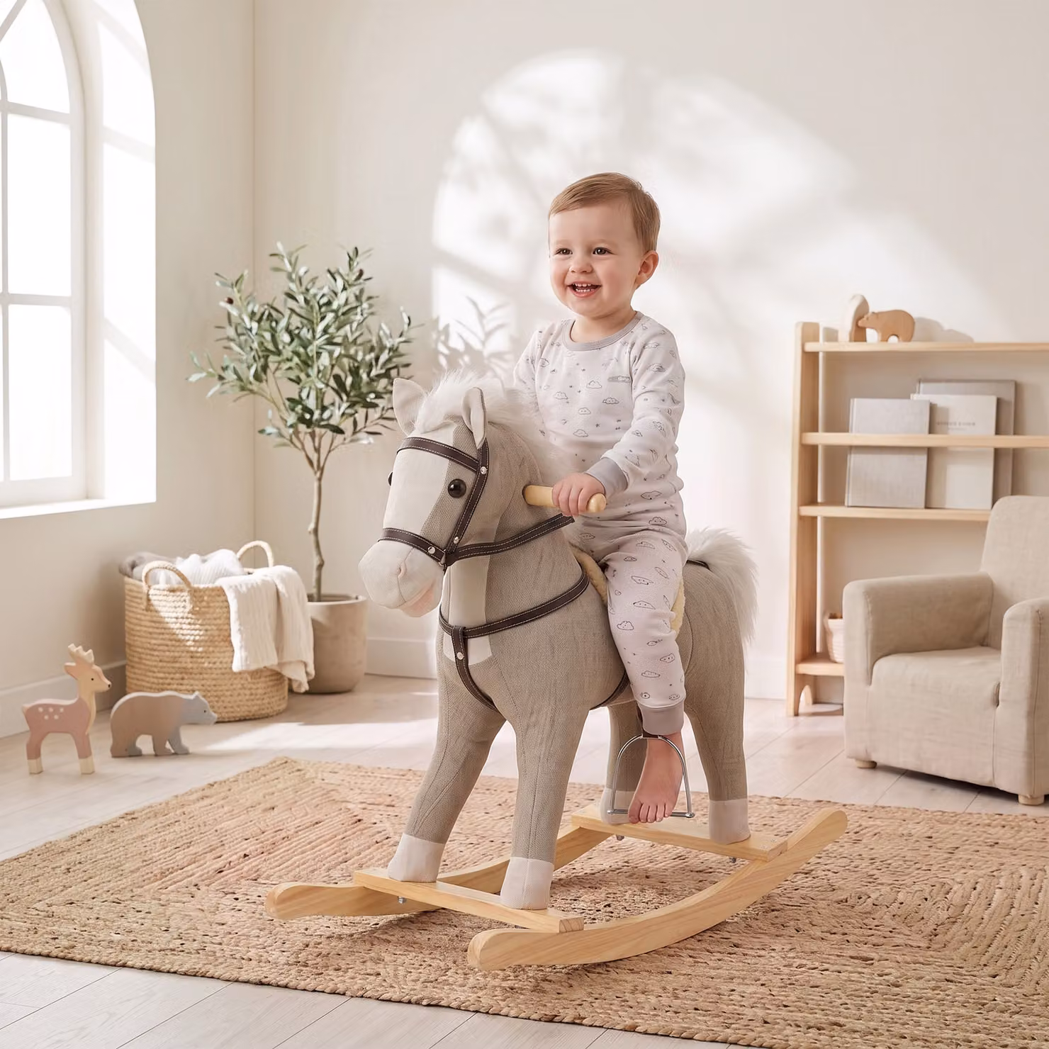Cavallo a Dondolo AIYAPLAY per Bambini 1-3 Anni in Tessuto Effetto Lino con Suoni di Zoccoli e Nitriti, Grigio – 2