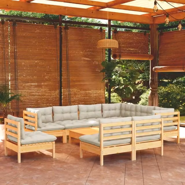 Set di Divani da Giardino vidaXL a Forma di U in Legno di Pino Massello con Cuscini Beige
