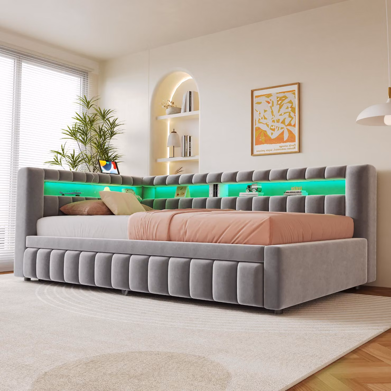 Letto imbottito STILVORA 90×200 con illuminazione a LED e presa USB, senza materasso, divano letto per ragazzi con letto estraibile, struttura letto in legno con testiera e schienale, grigio inferno