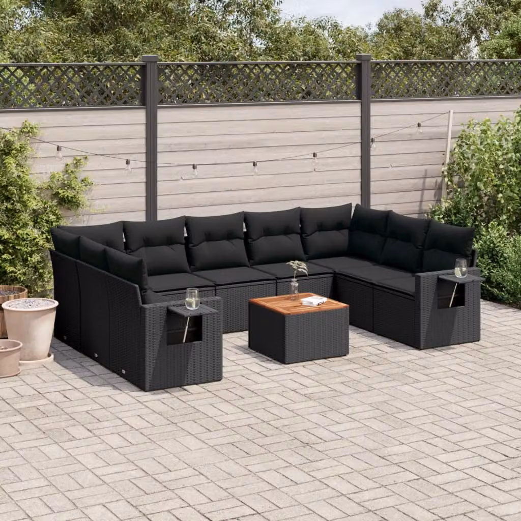 Set di divani da giardino vidaXL in polyrattan nero con cuscini e tavolino da esterno – 1