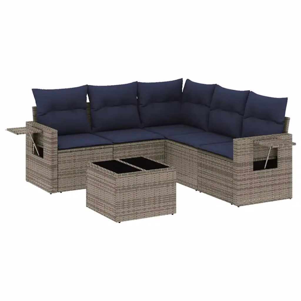 Set di divani da giardino a L con tavolo vidaXL, 6 pezzi in rattan con cuscini grigi e blu e struttura in metallo rivestito – 2