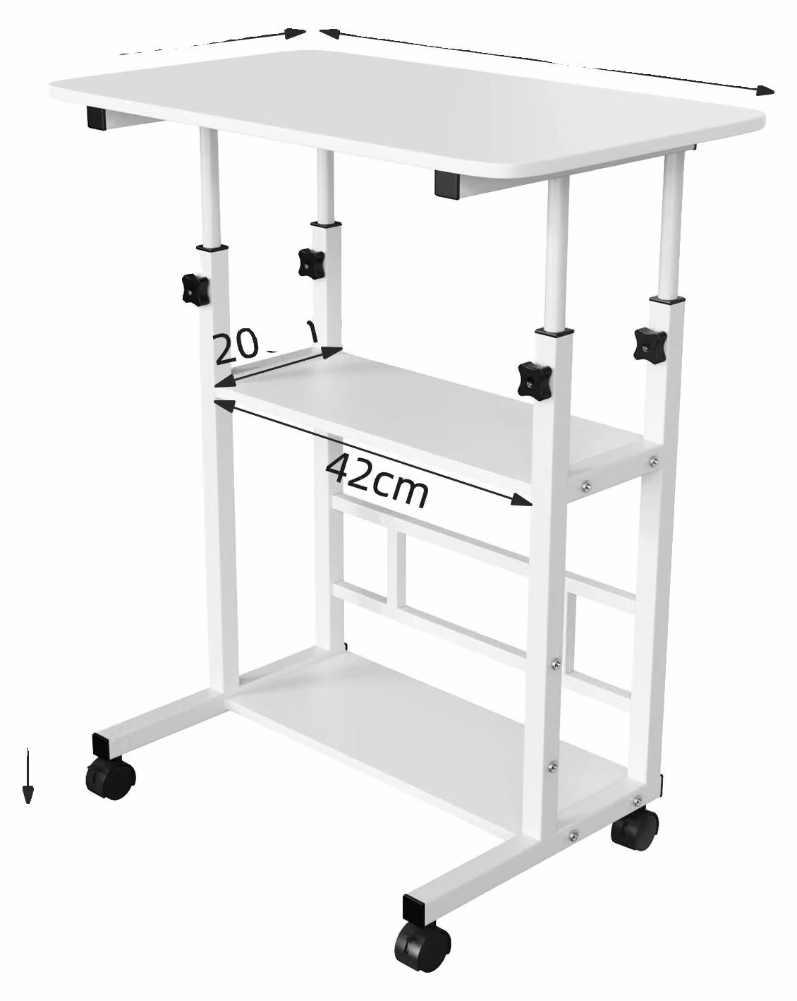 Tavolo regolabile in altezza, scrivania mobile con rotelle, colore bianco