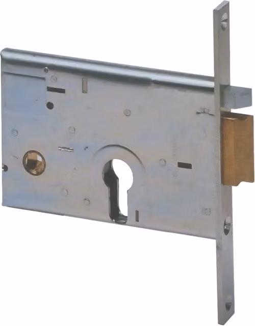 Serratura elettrica da infilare per alluminio IPERBRIKO Art. E58 sinistra in colore argento con scrocco e finitura ottone