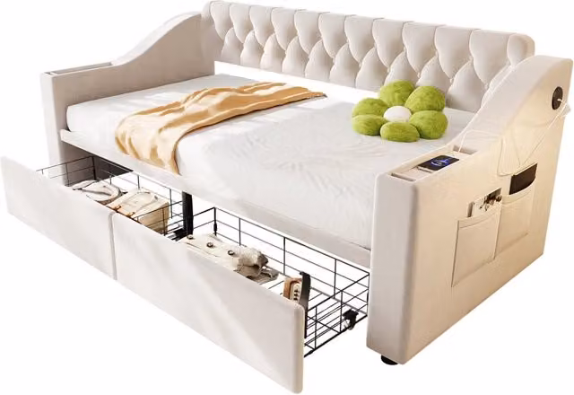 Letto singolo imbottito 90x190 cm con cassetti; USB e USB-C in velluto beige