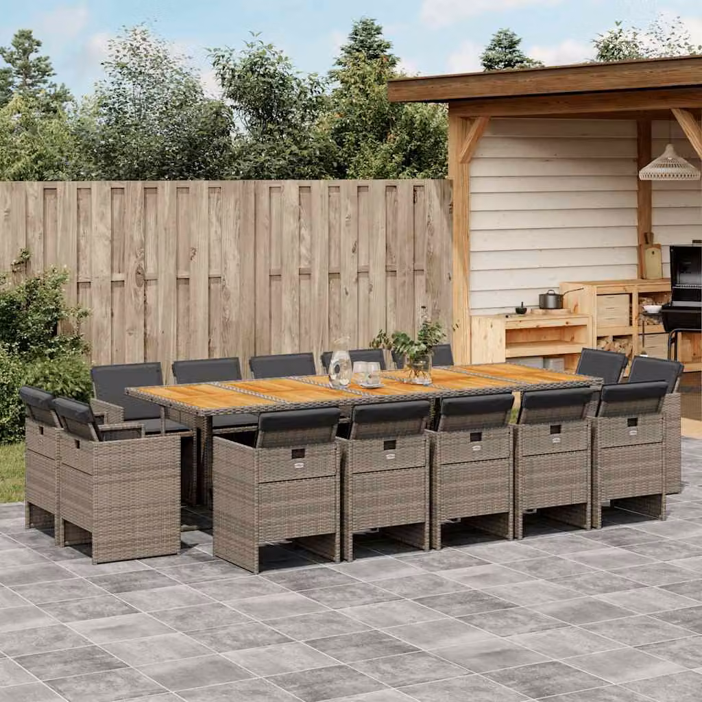 vidaXL Set da Pranzo da Giardino 15 pz in Polyrattan e Legno di Acacia con Cuscini Grigio e Marrone – 1