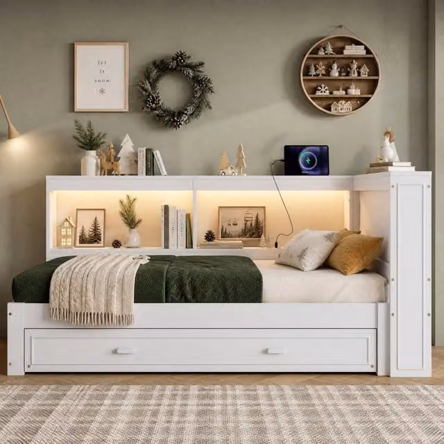 Divano letto 90x200 cm bianco con letto estraibile, LED e porte USB/Type-C