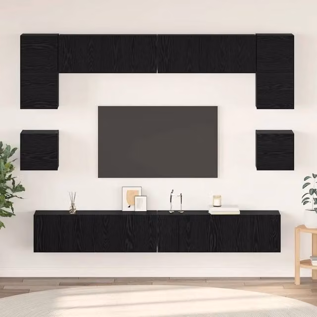 Set mobile TV moderno vidaXL in 8 pezzi colore nero e rovere in legno ingegnerizzato MDF