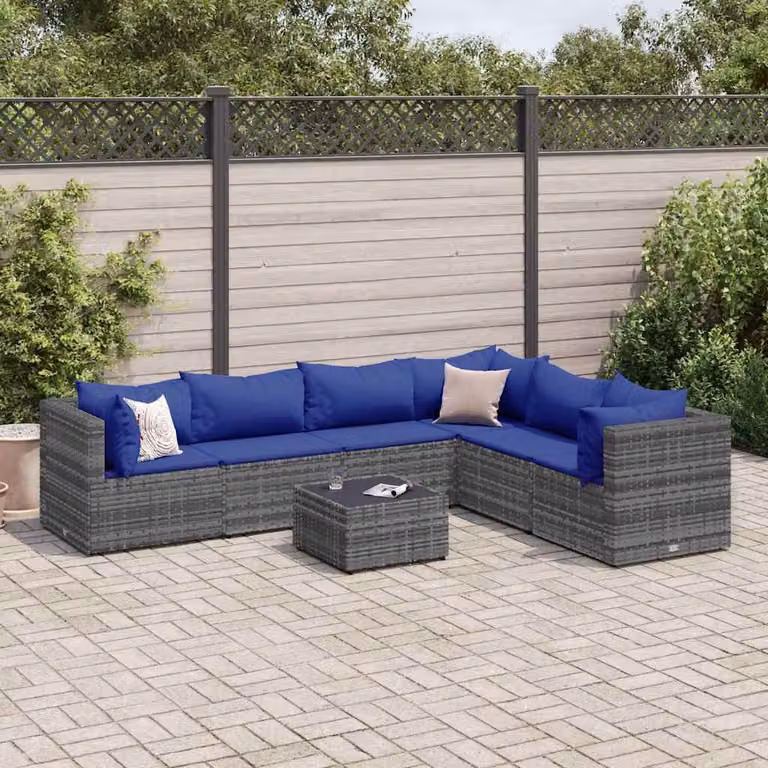 Set Divani da Giardino vidaXL 7 pz con Cuscini e Tavolino in Polyrattan Grigio e Blu