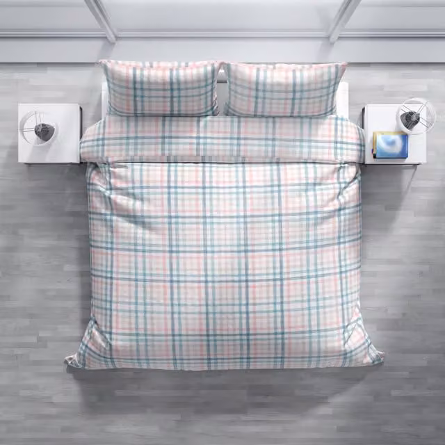Completo copripiumino e federe DaunenStep Joy in cotone Mako Satin con fantasia a quadri blu per adulti