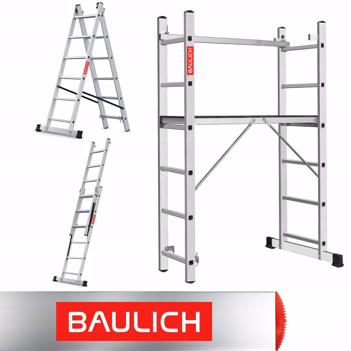 Baulich | Ponteggio in alluminio 2x6 - Portata massima 150 kg - Altezza di lavoro 2,97 m - Piattaforma di lavoro - Pieghevole - En 131 Ponteggio