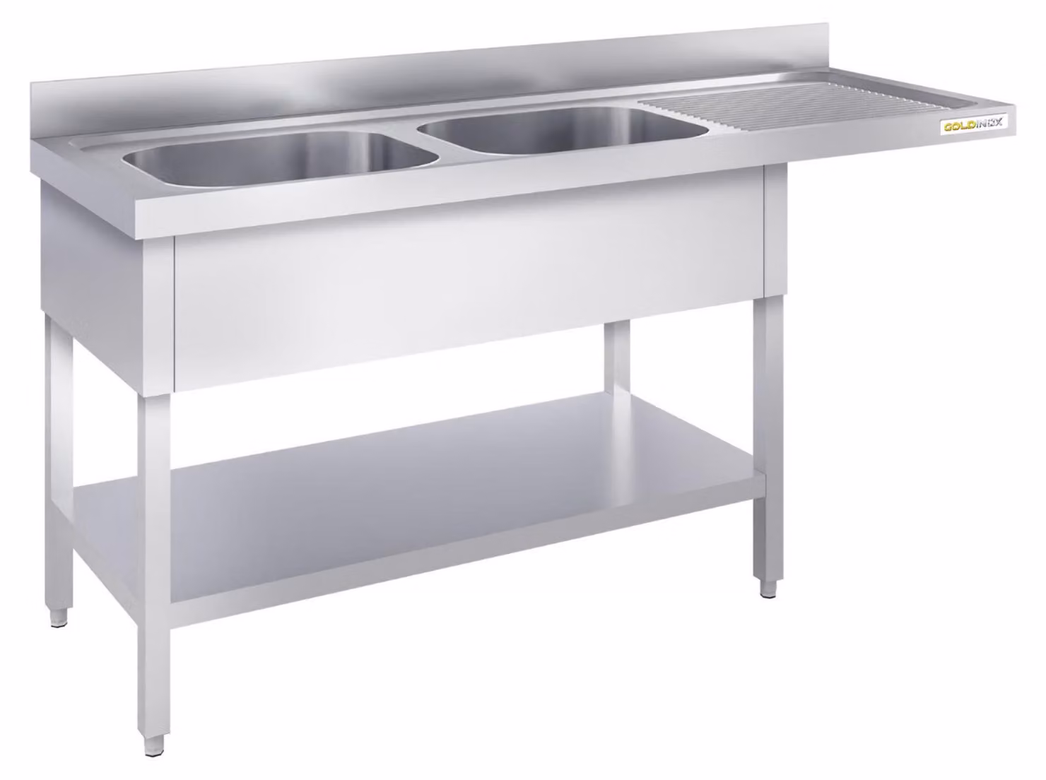 Lavello a incasso per lavastoviglie, in acciaio inossidabile, a due vasche, dimensioni 1600x700 mm, con scolapiatti integrato a destra, linea PREMIUM - GOLDINOX