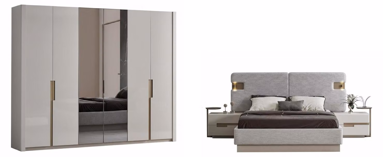 Set per camera da letto: comodini, letto, armadio. Colore: beige. Stile: moderno