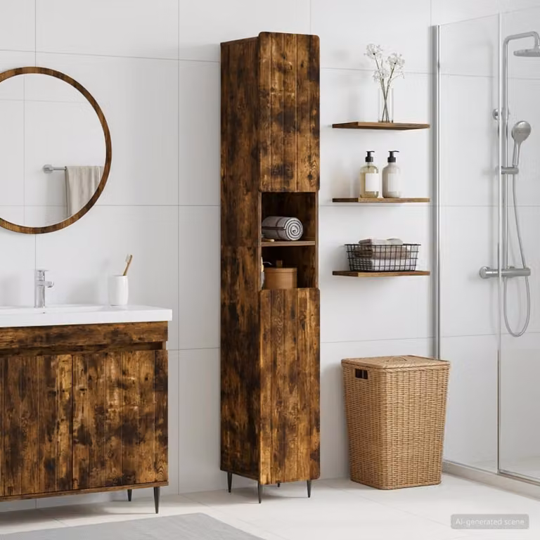 Armadio da bagno moderno vidaXL ZWOLLE in legno Rovere Fumo con ripiani e ripiano aperto, L: 31,0 cm, P: 30,0 cm, H: 189,5 cm