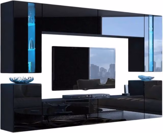 Set di mobili da soggiorno sospesi Meublorama collezione CEPTO XXIV nero, composto da 8 pezzi modulari con illuminazione LED integrata, L: 240 cm – 1