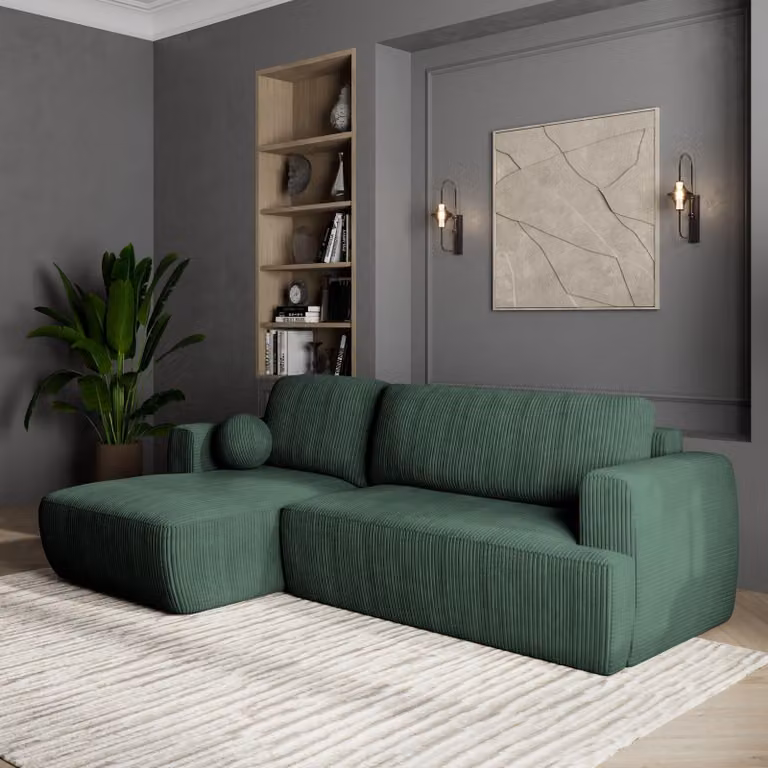 Divano angolare SENTI P L-S di Masseno con funzione letto a L, divano con box letto, divano da soggiorno, divano, divano letto, set di divani - verde, POSO 14