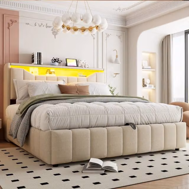 Letto contenitore 180 × 200 cm con sistema idraulico, LED, USB e Type-C, testiera con vani, senza materasso, beige