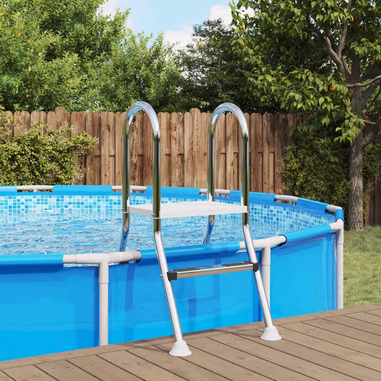 vidaXL Scala per piscina parzialmente interrata a 5 gradini in acciaio inossidabile e plastica, Colore: bianco e argento, L: 222 cm, P: 128 cm