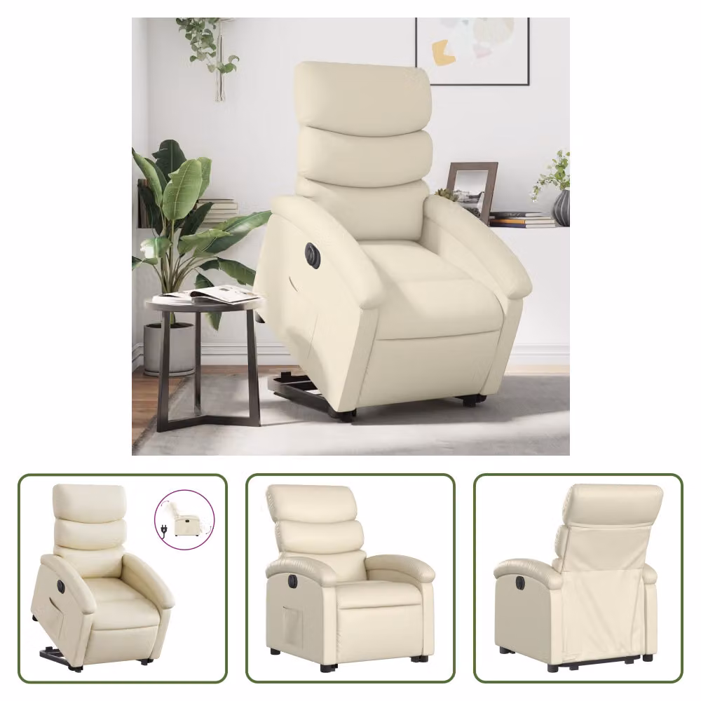 The Living Store Poltrona relax con supporto elettrico in Pelle finta color crema
