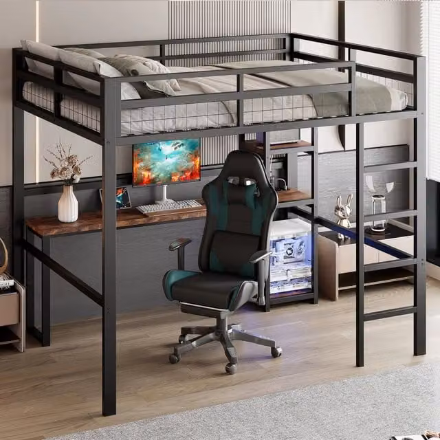 Letto a soppalco 140 × 200 cm 2 posti con scrivania, mensole, presa USB e Type-C, senza materasso, nero