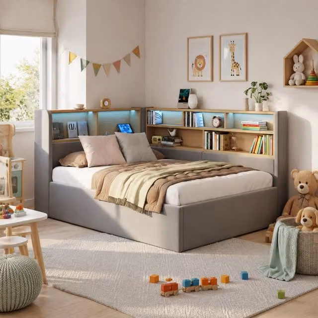 Letto singolo imbottito 90 × 200 cm con contenitore idraulico LED USB e tipo C in velluto grigio con testiera