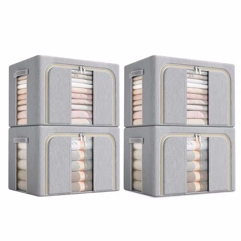set di 4 scatole portaoggetti in tessuto Oxford, impermeabile, pieghevole, 100L, scomparti, per vestiti e guardaroba, con due finestre di visualizzazione, grigio chiaro
