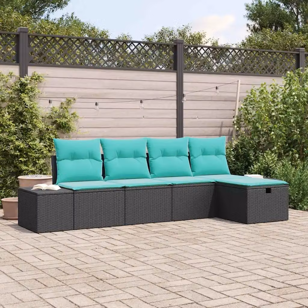 Set Divano da Giardino a L vidaXL 5 pz con Cuscini, Polyrattan e Struttura in Acciaio, Nero e Turchese