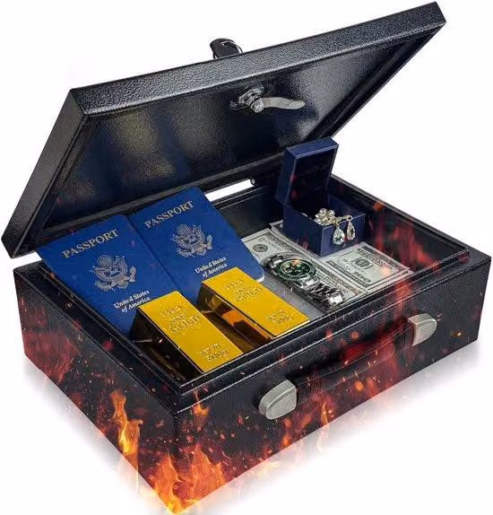 Ibenzoa® Cassaforte portatile ignifuga per documenti e oggetti di valore, 11 litri, nera, dimensioni interne 33x21x9 cm, realizzata in acciaio massiccio, chiusura a chiave, maniglia ergonomica