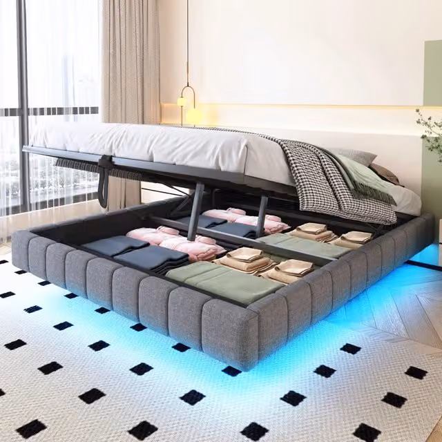 Letto imbottito 160 x 200 cm, telaio sospeso idraulico con contenitore, letto multifunzionale senza testiera con luce LED, lino, Grigio