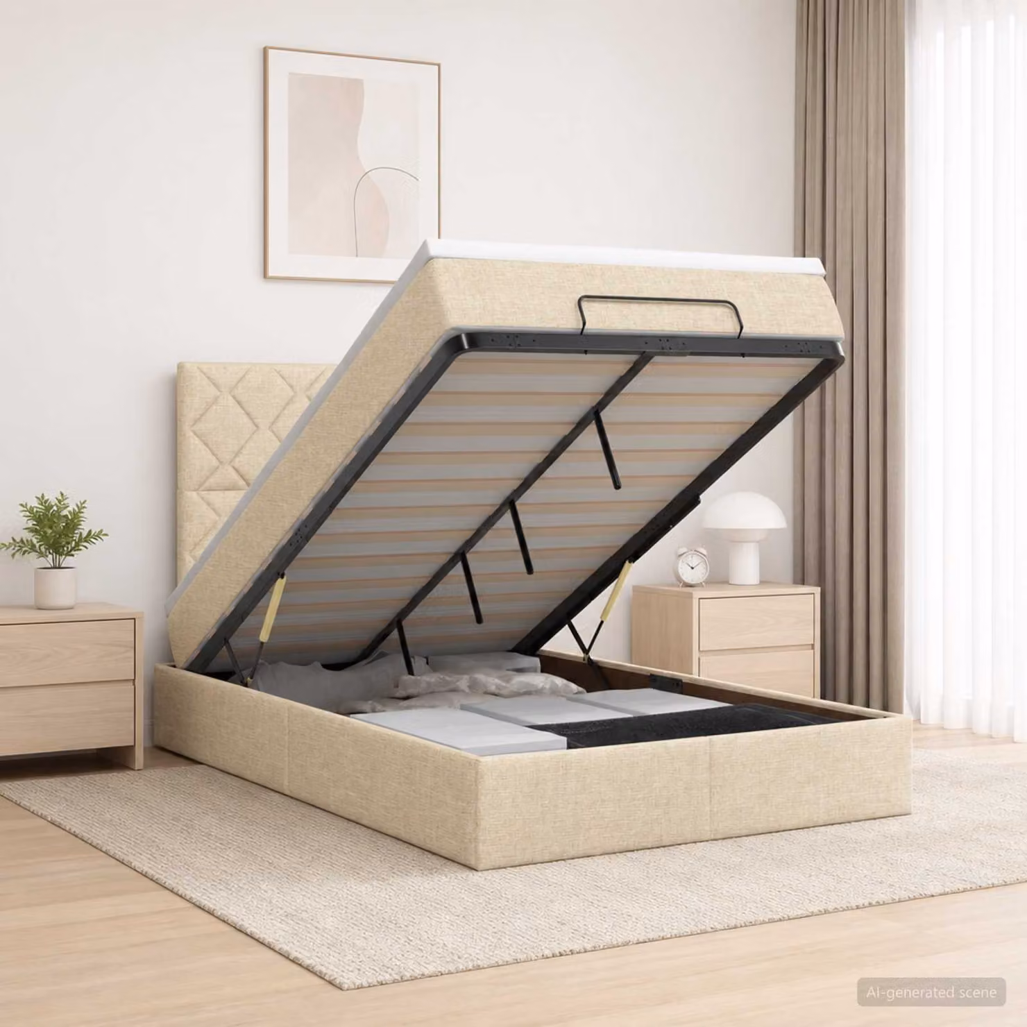 Letto ottomano con materasso vidaXL in tessuto beige e bianco, L/P: 120 x 200 cm