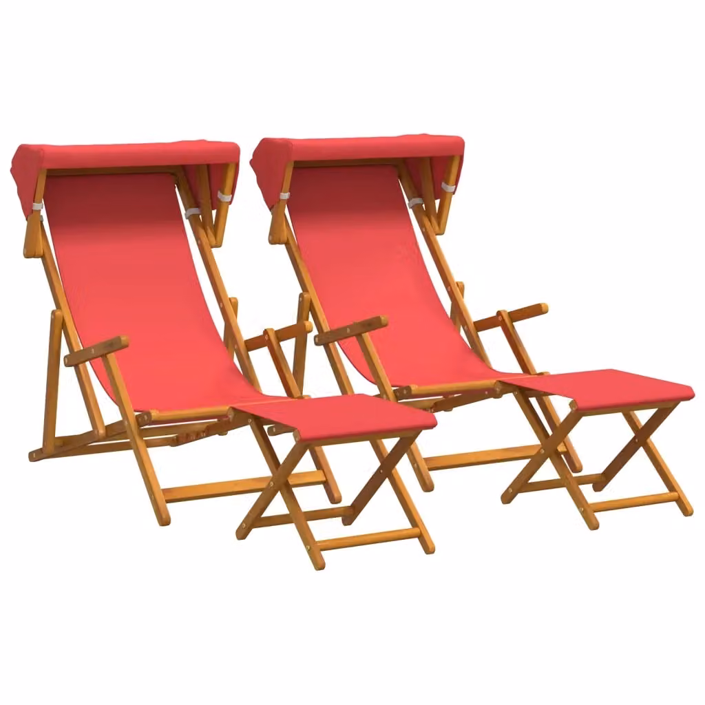 Set di 4 lettini prendisole vidaXL in legno di eucalipto massello con tessuto rosso resistente ai raggi UV e parasole per giardino e terrazzo – 2