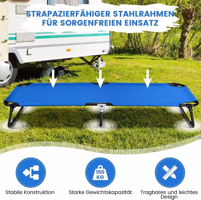 Lettino da campeggio pieghevole portatile lungo 190 cm in tessuto blu