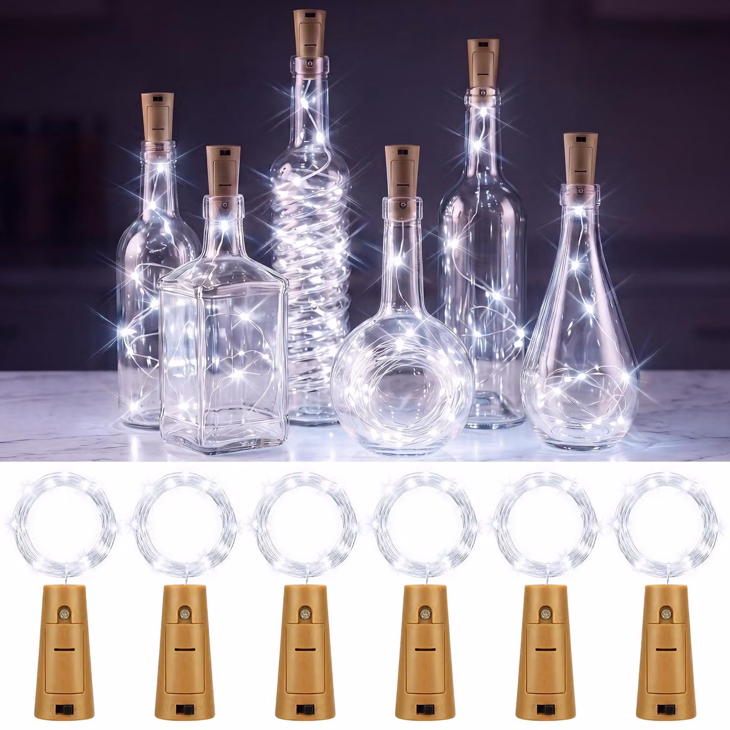 Set di 6 catene luminose a LED, lunghezza 2 metri, 20 LED, luce bianca fredda, alimentazione a batteria