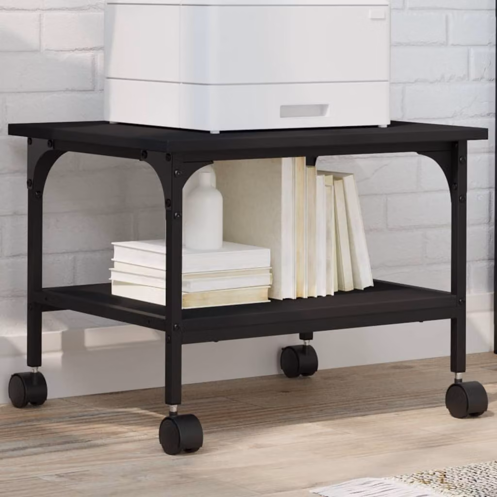 vidaXL Supporto per Stampante a 2 Livelli in Metallo e Legno, Nero Opaco, L 50 cm x P 40 cm x H 38 cm
