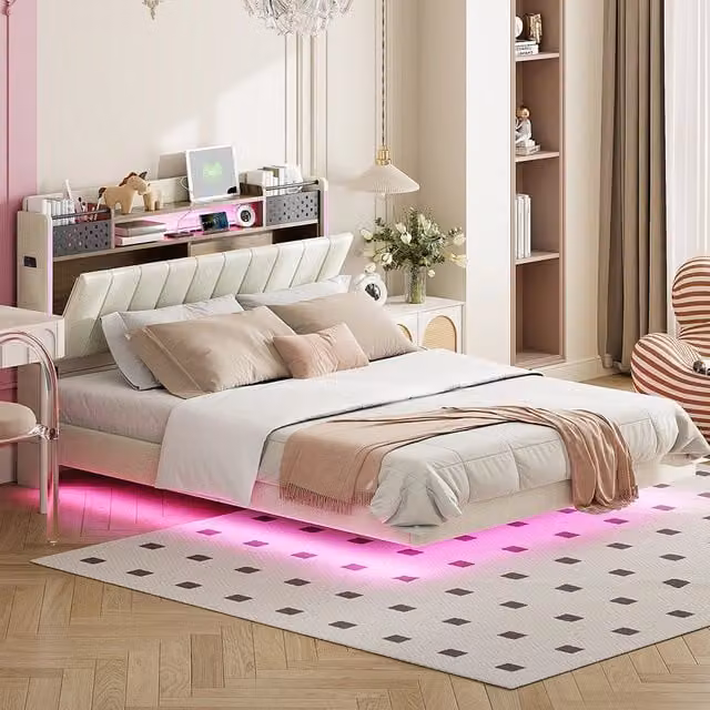 Letto matrimoniale con illuminazione LED - Xylo - 140x200 cm - Beige - Con contenitore