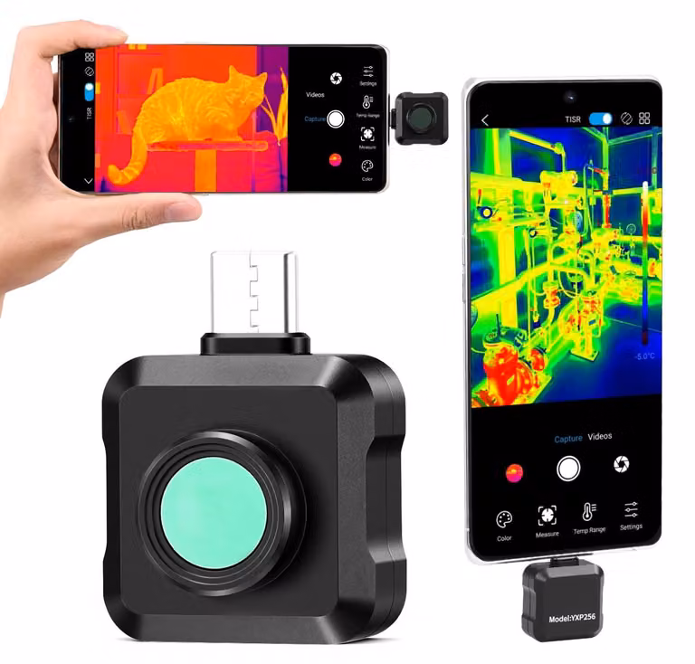 Termocamera per Android, risoluzione super TISR 512 x 384, frequenza di aggiornamento 25 Hz; termocamera a infrarossi per smartphone e tablet, risoluzione IR 256 x 192, intervallo di temperatura da -20 °C a 550 °C e 15 palette di colori