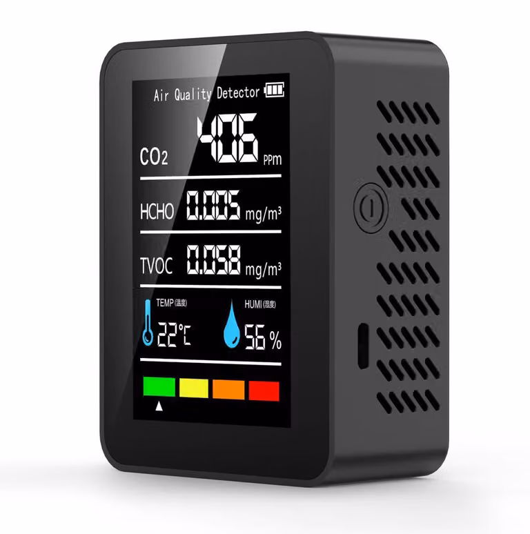 Rilevatore di formaldeide, sensore TVOC, CO₂, PM2,5, temperatura, umidità, misuratore della qualità dell'aria, 5 in 1, nero