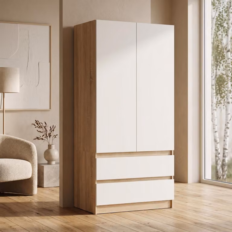 Armadio Novela, Sonoma/Bianco a 2 ante | Armadio moderno per camera da letto 90 x 180 x 50 cm | Armadio guardaroba per ingresso e camera dei bambini, capiente