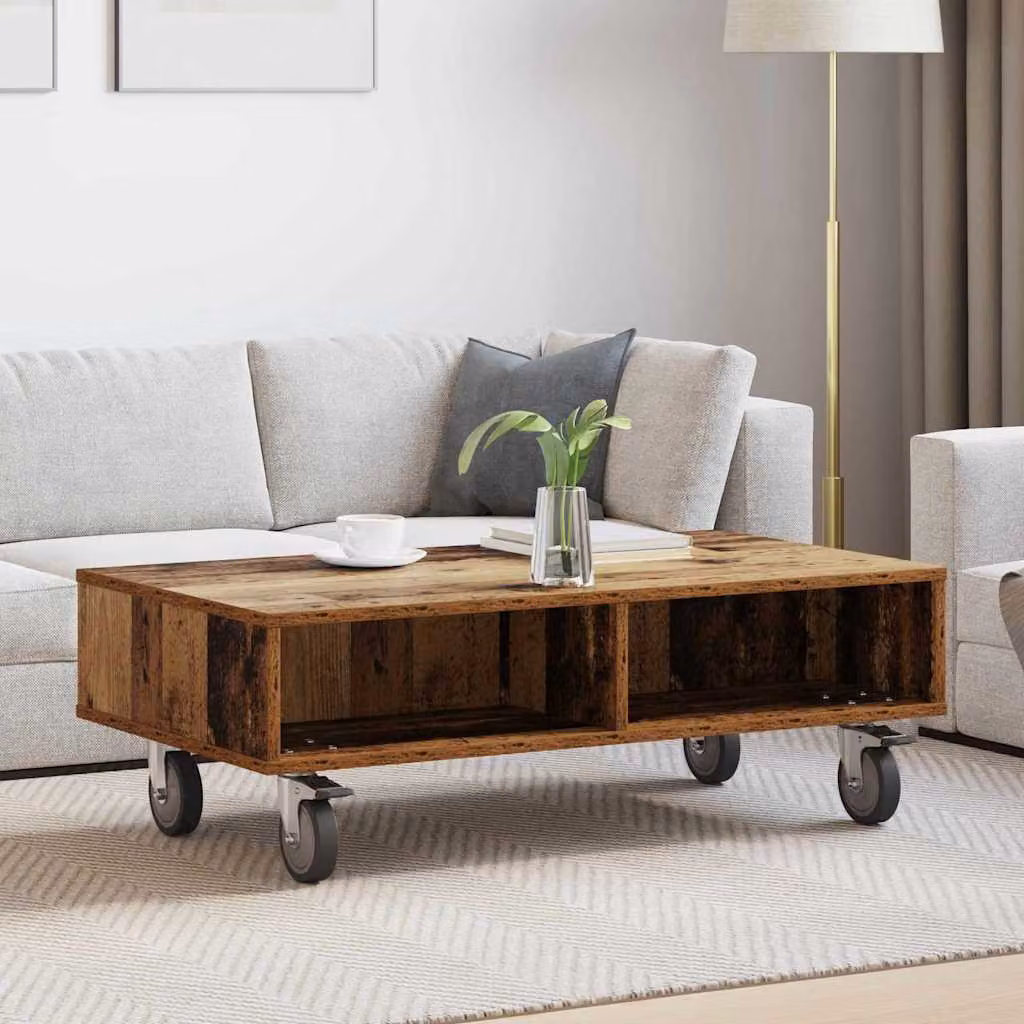 vidaXL Tavolino rettangolare con ruote in legno effetto vecchio, marrone, L 90 x P 50 x H 30 cm