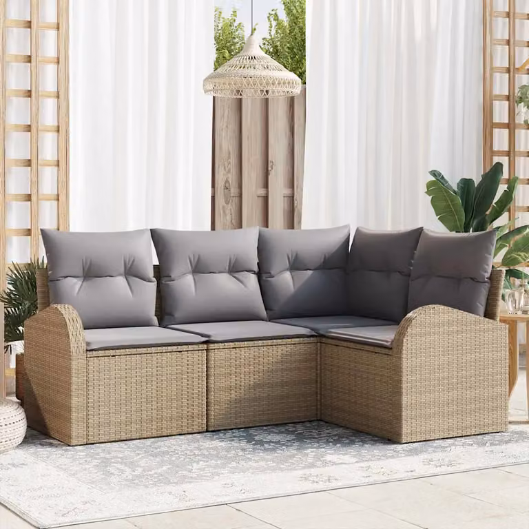 Set Divano da Giardino a L vidaXL Beige con Cuscini e Struttura in Metallo e Polyrattan