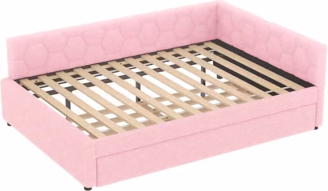 Daybett 140x200 cm con Letto Estraibile Multifunzionale, Telaio in MDF e Vliesimitat Rosa con Lampada Notturna e Porte USB/Type-C