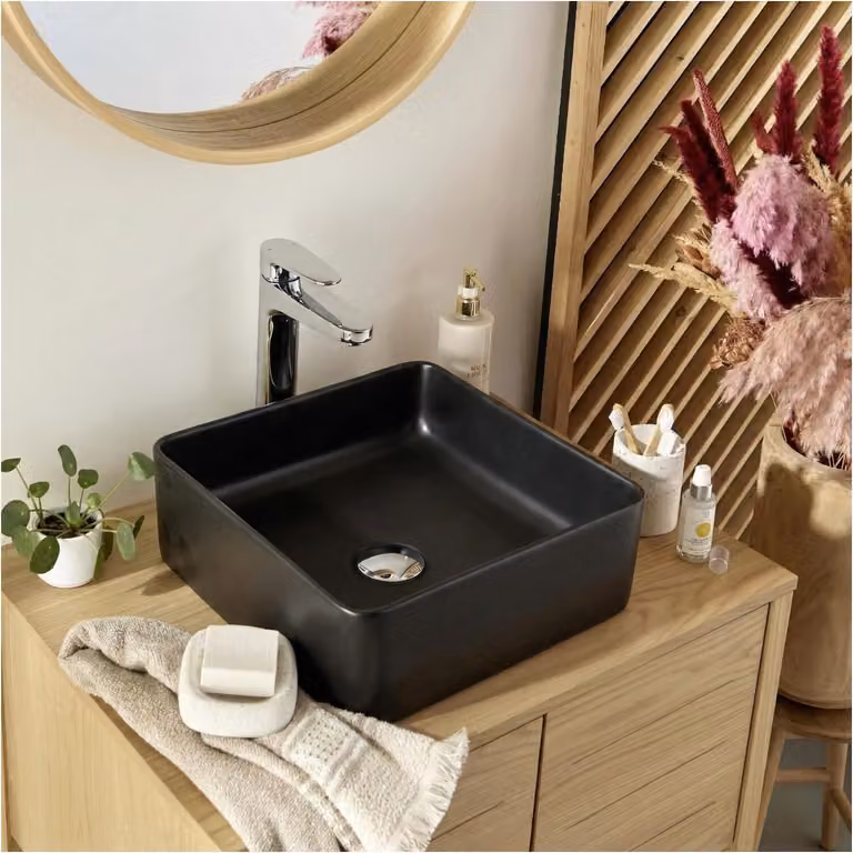 Lavabo da appoggio quadrato in Vetroceramica nera COMA da 36,5 cm