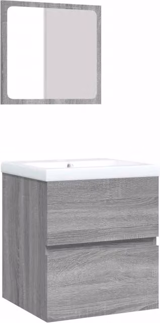 Mobile lavabo moderno con lavabo e specchio grigio Sonoma e bianco, sospeso, con cassetti e ante