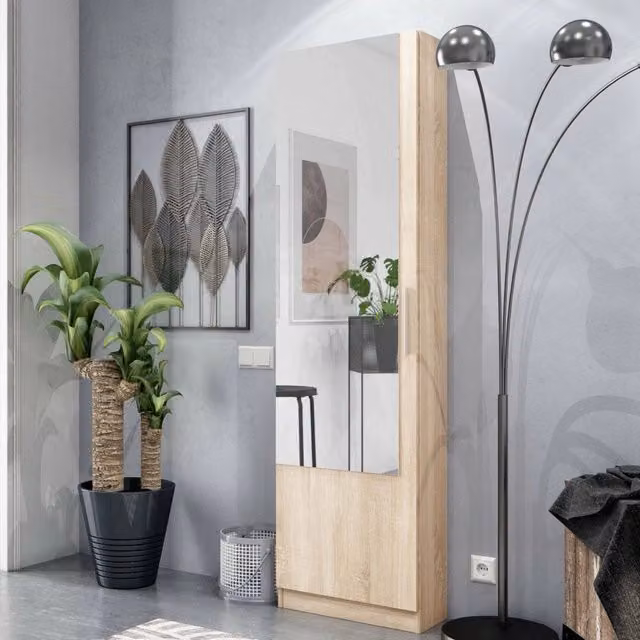 Scarpiera Euro DMORA con specchio, armadio porta scarpe moderno per ingresso, L/P/H: 50 x 22 x 180 cm, Rovere – 1