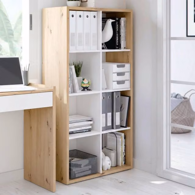 Libreria Alliers DMORA mobile portalibri e porta tv reversibile con 8 scomparti, L: 72 cm, P: 33 cm, H: 137 cm, Rovere effetto nodi e Bianco